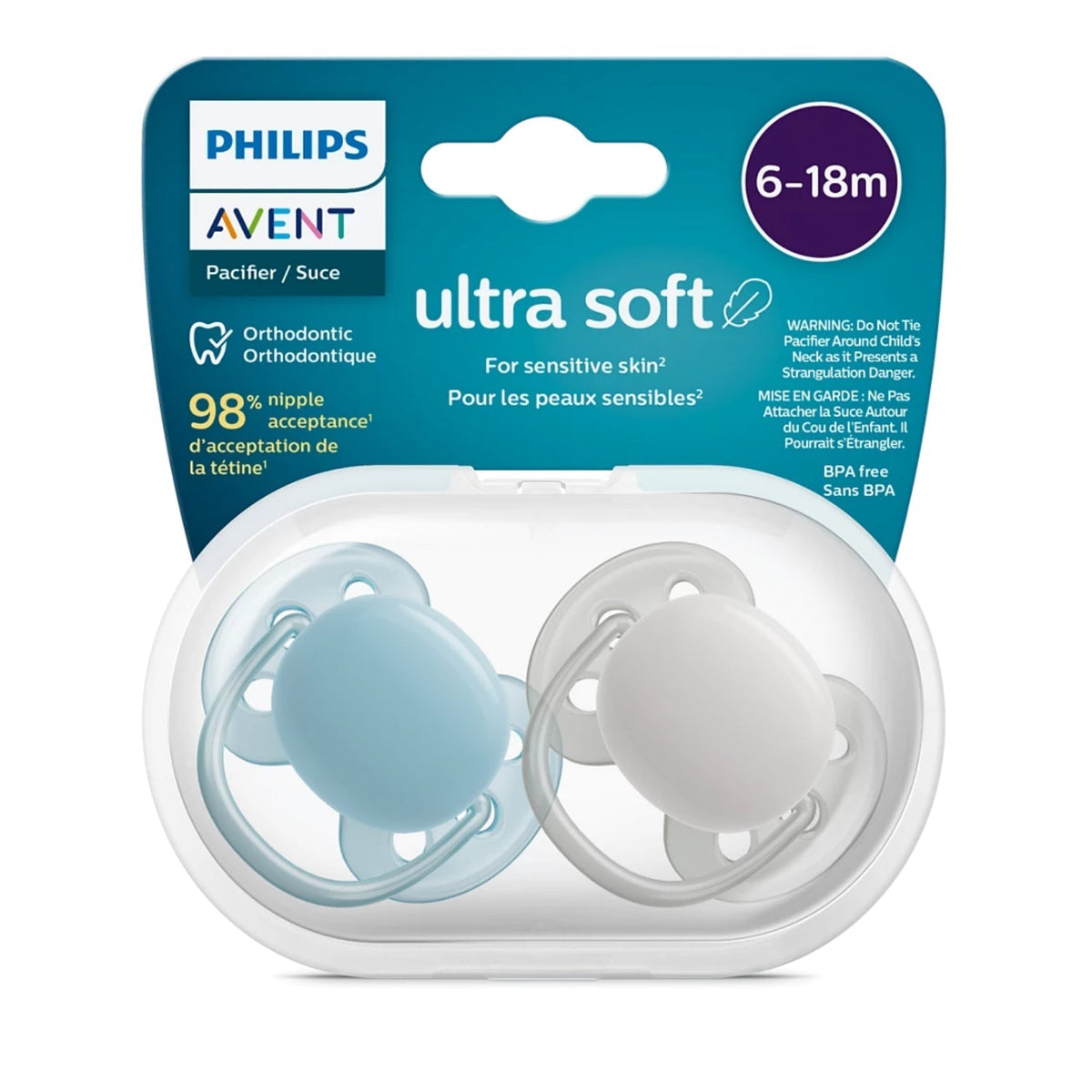 Philips Avent Ultra Soft Pacifier - 2 Pack - Soft and Flexible Baby Pacifiers for Babies Aged 6-18 Months, BPA Free with Sterilizer Carry Case