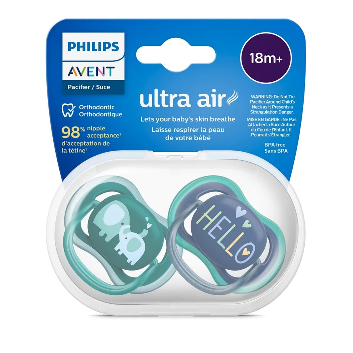 Philips Avent Ultra Air Pacifier - 2 Pack - Light, Breathable Baby Pacifiers for Babies Aged 18 Months Plus, BPA Free with Sterilizer Carry Case